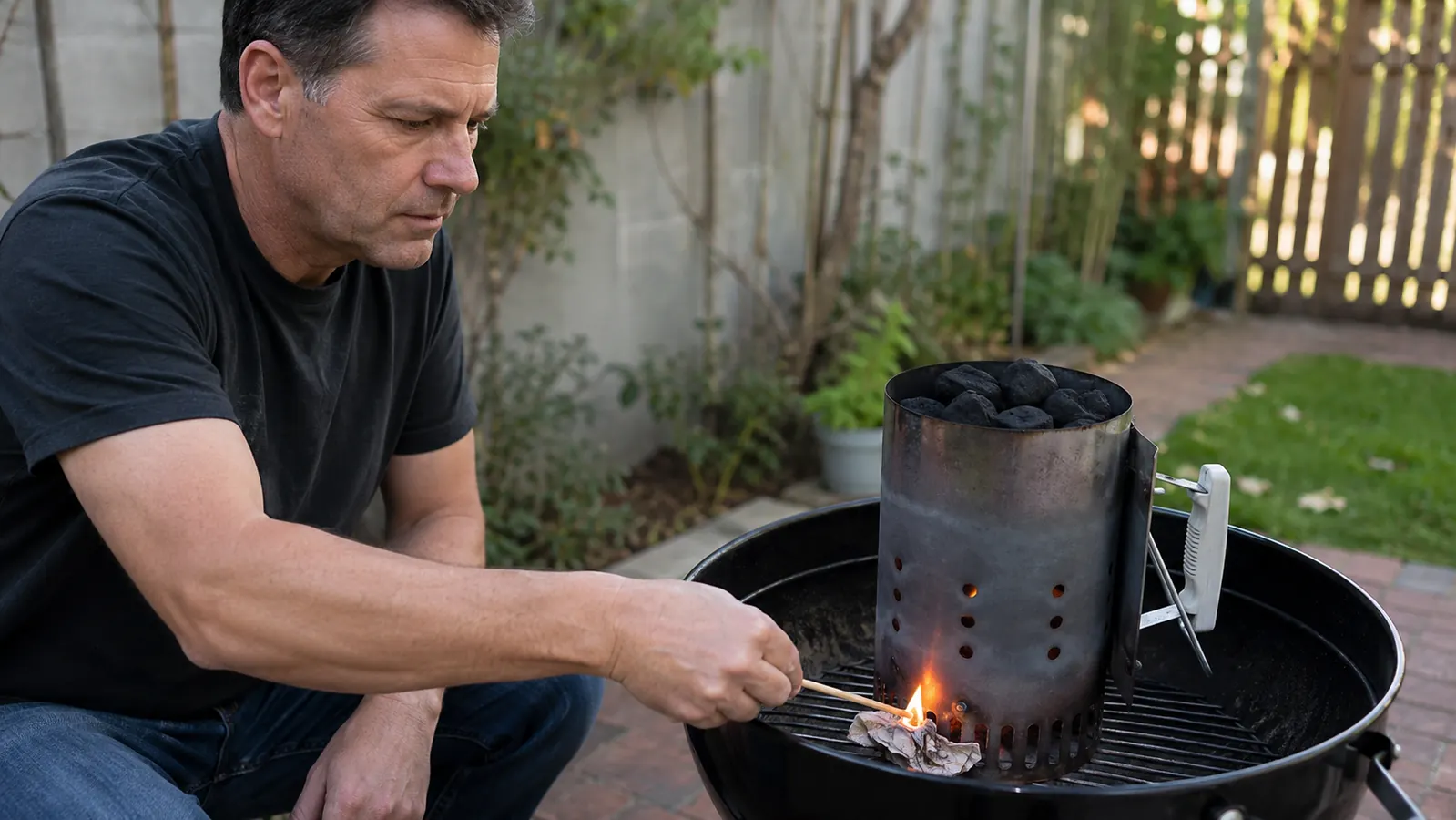 Chimney starter coals at peak heat, ash-white edges with glowing orange centers, ready to pour