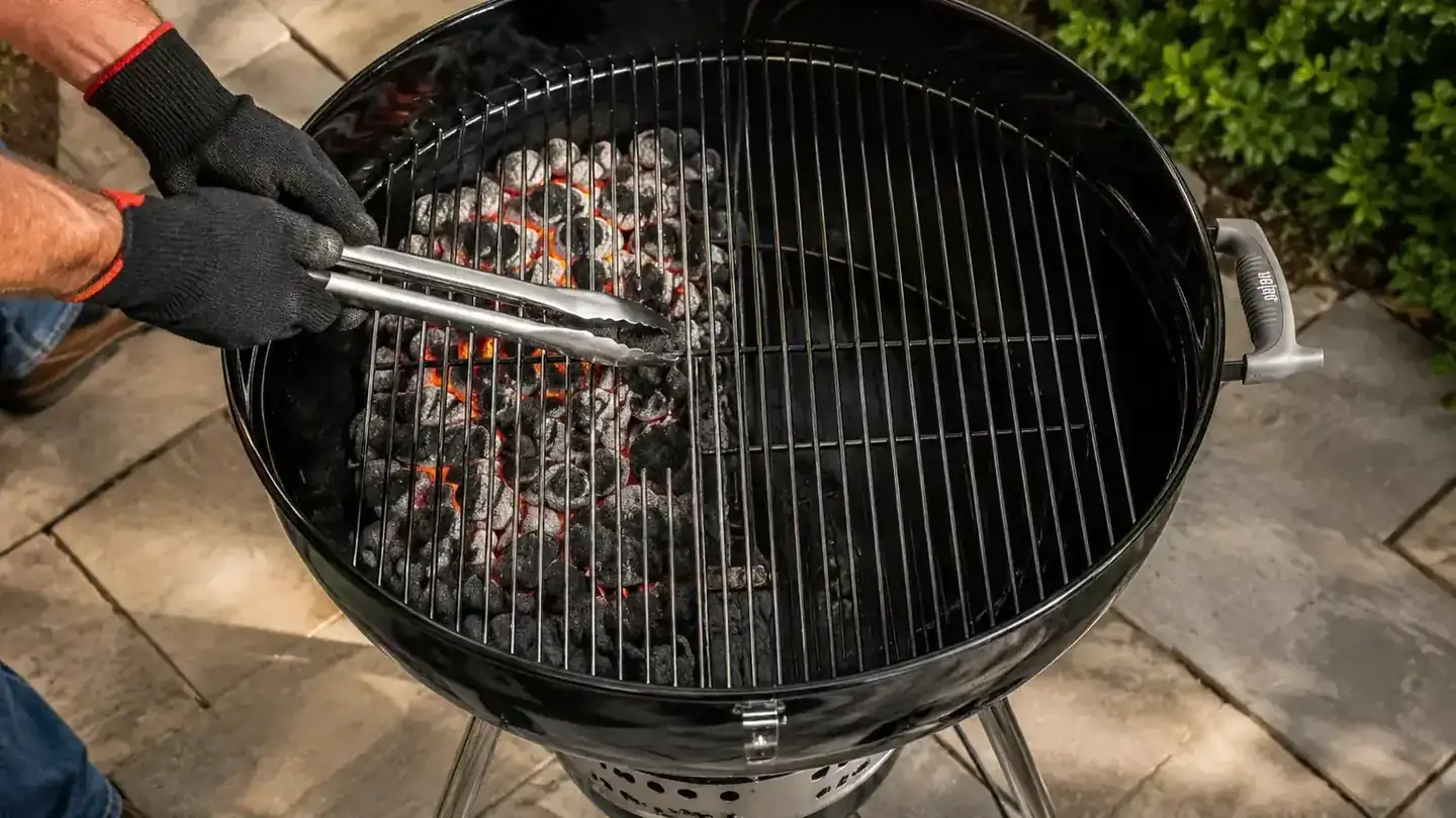Hand arranging lit charcoal briquettes to one side of a kettle grill grate, leaving the opposite side completely clear