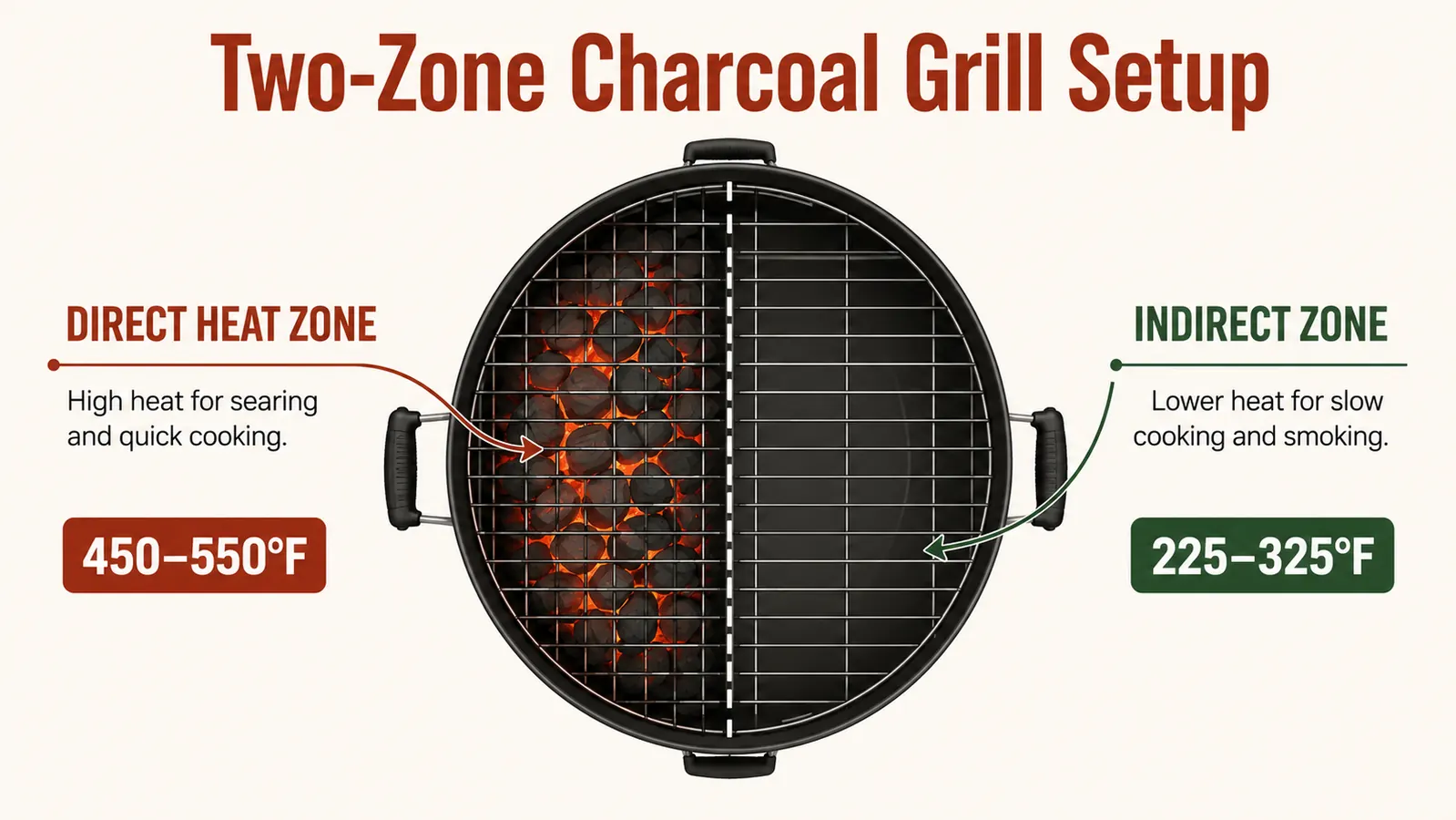 Diagram showing two-zone charcoal grill setup with hot zone and cool zone labeled, arrows indicating sear then move cooking method