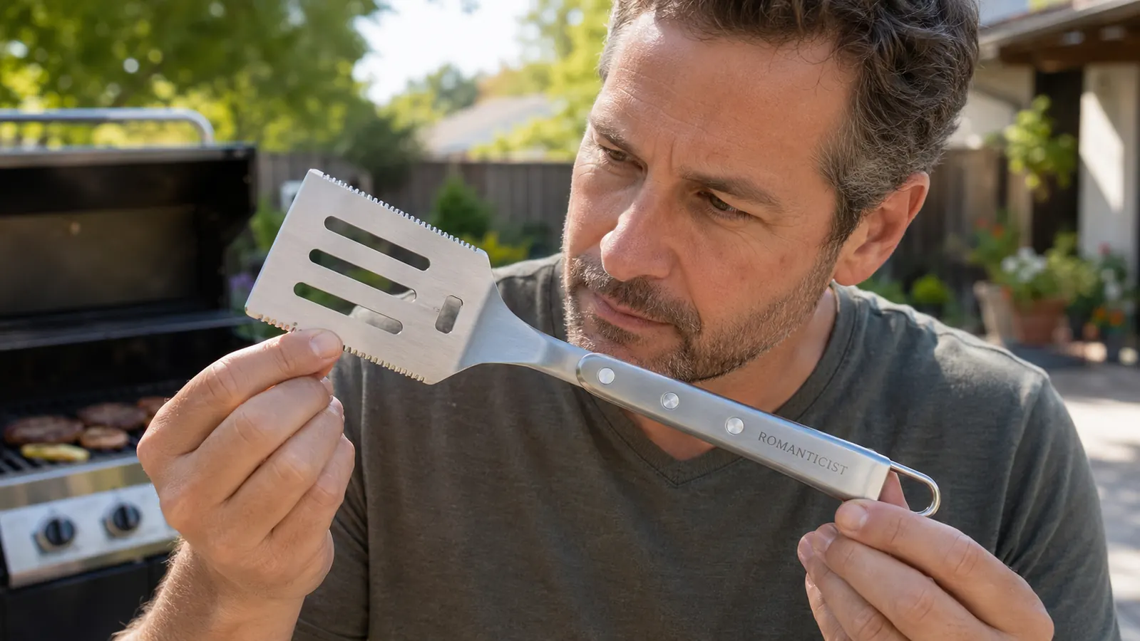 Hand gripping the ROMANTICIST spatula with tongs and fork visible in a grill tool carry case on a patio
