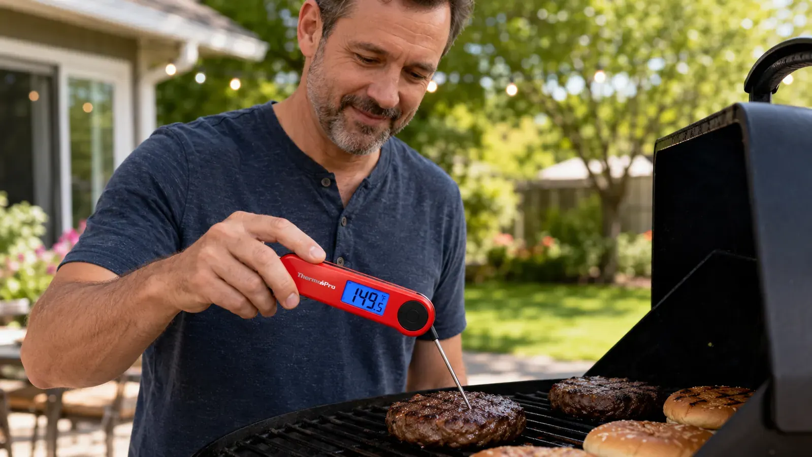 Hand holding the ThermoPro TP19H and probing a chicken thigh on a charcoal grill with grates visible below