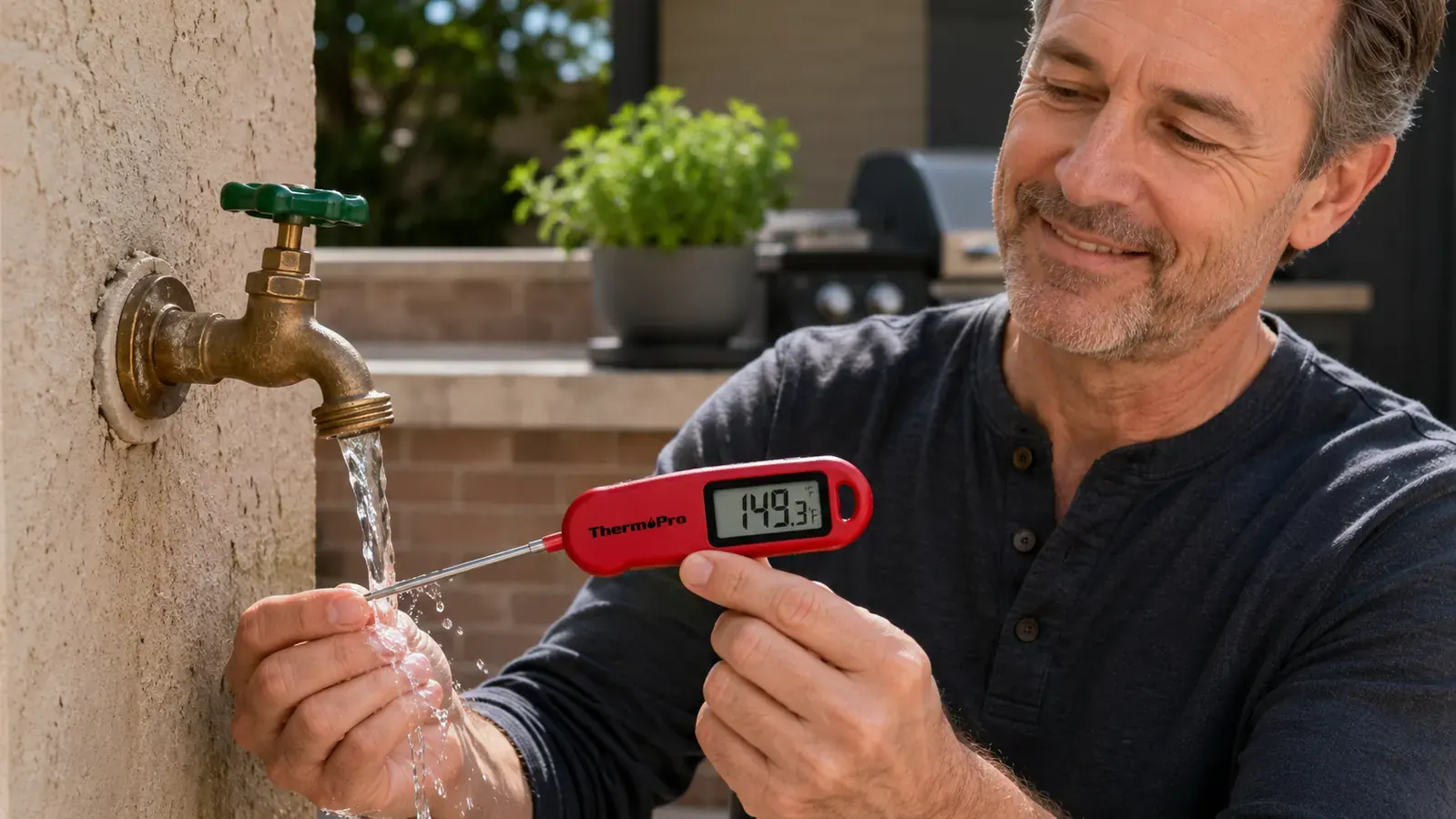 Griller inserting thermometer probe into the center of a thick pork shoulder at an outdoor backyard cookout