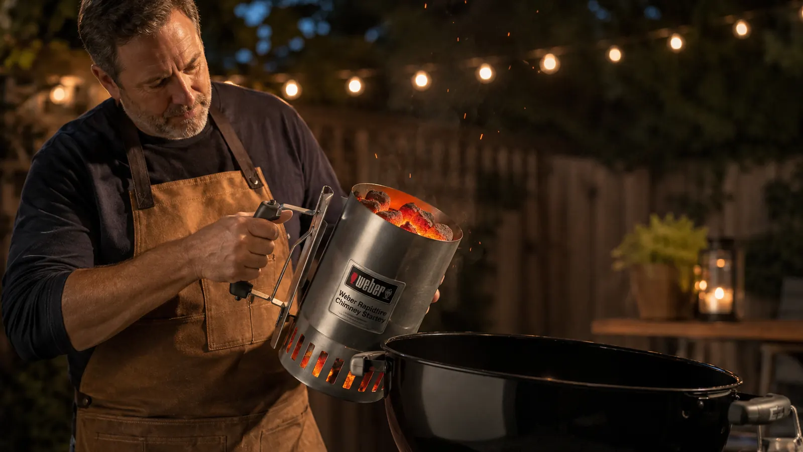 Hand holding Weber chimney starter over charcoal grill, pouring lit coals into the firebox
