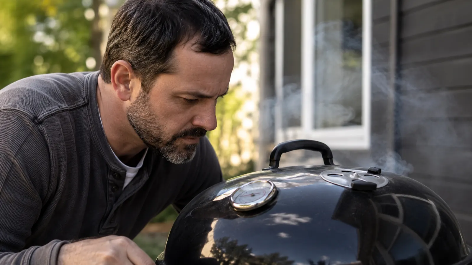 Overcrowded Weber kettle grill grate with burgers and chicken thighs packed too close together during a cookout