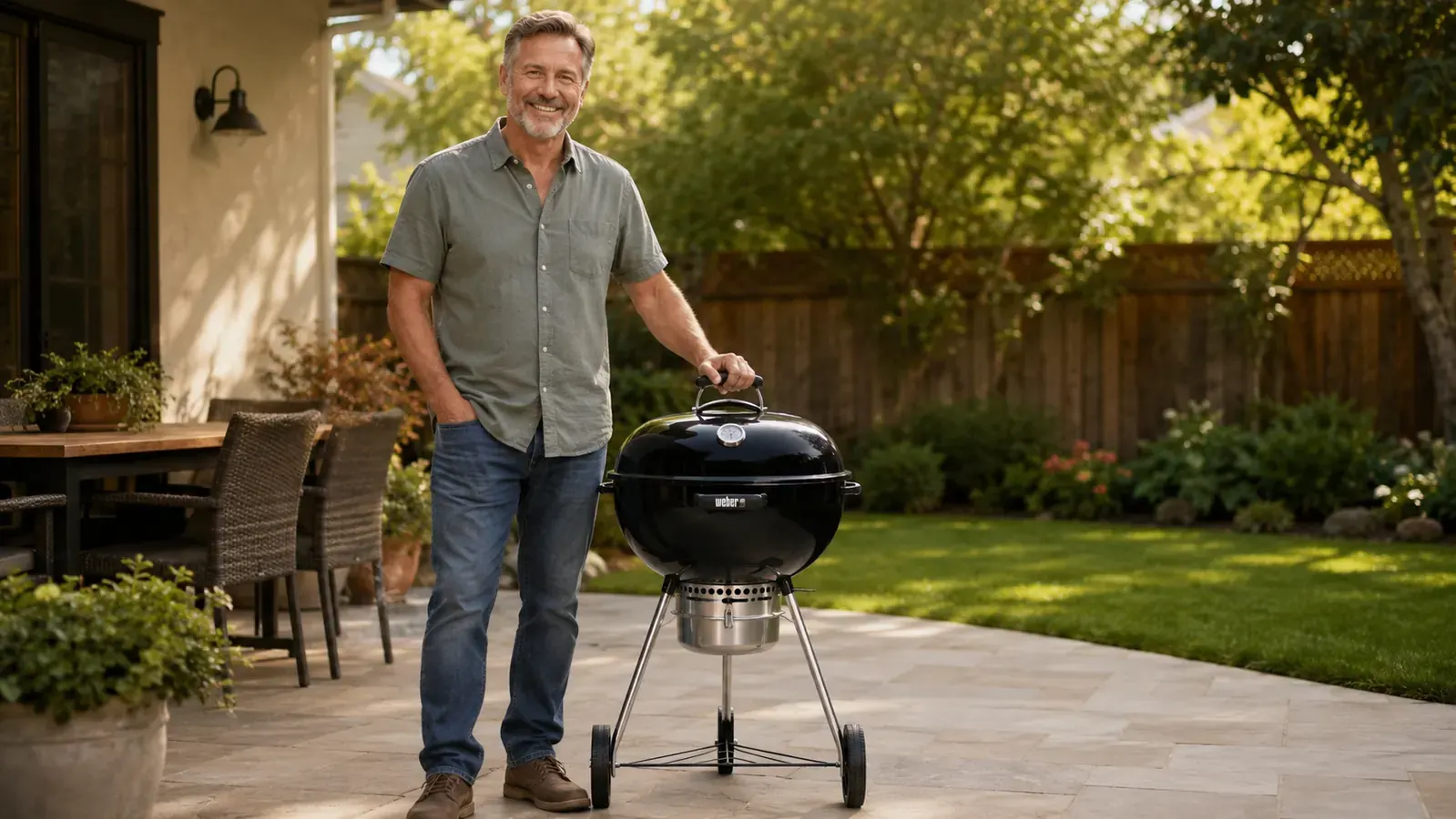 Weber Original Kettle Premium 22-inch charcoal grill with lid open showing glowing charcoal bed inside