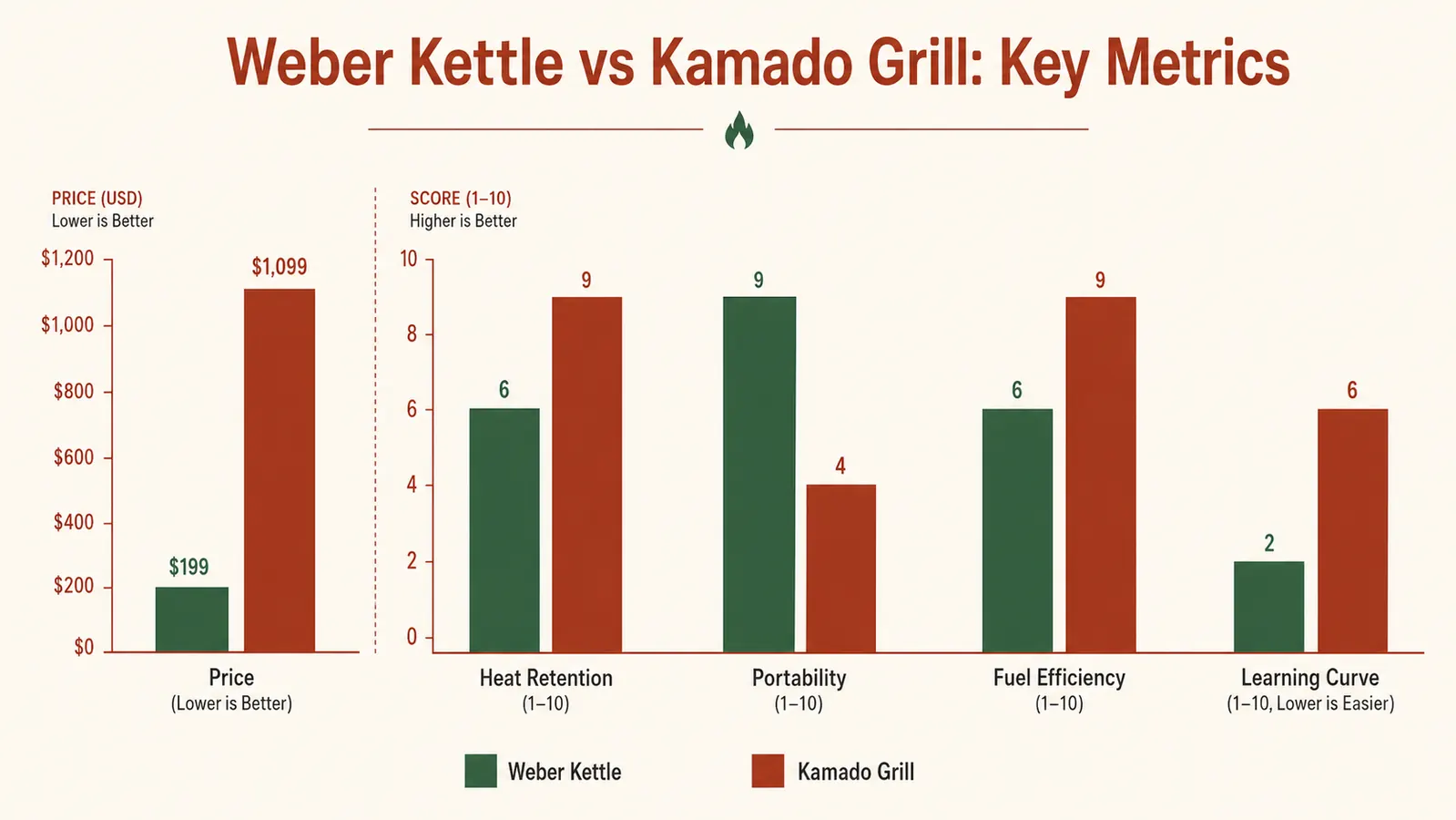Side-by-side comparison chart for Weber Kettle versus Kamado grill showing price, weight, and cooking surface specs