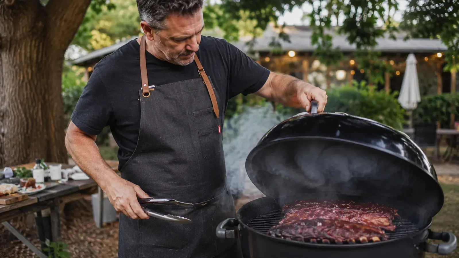Backyard griller in an apron lifting the lid of a kettle grill to check a rack of ribs over indirect heat